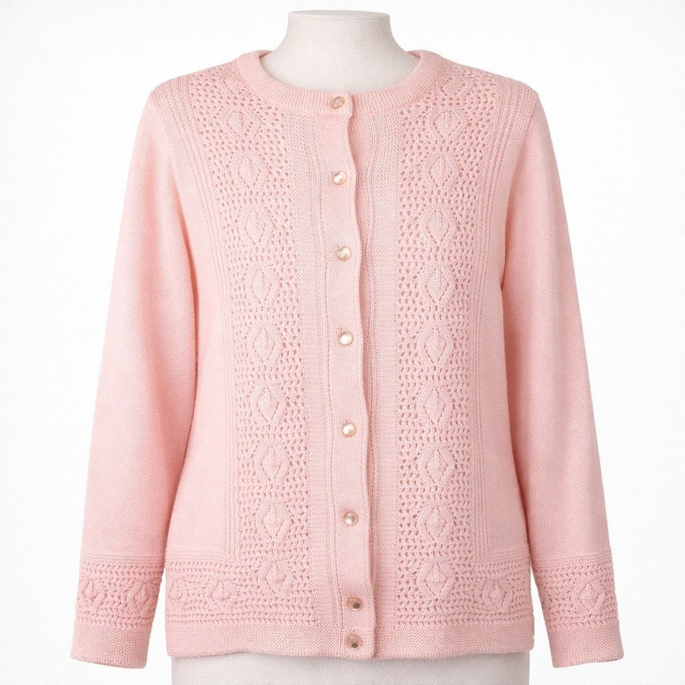 Vintage Billie Jo Crochet Wool Button Cardigan Size M Pink Knit Coquette‎ Preppy